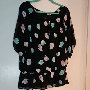 Ann Taylor Black Floral Peasant Blouse with Pink & Teal Print